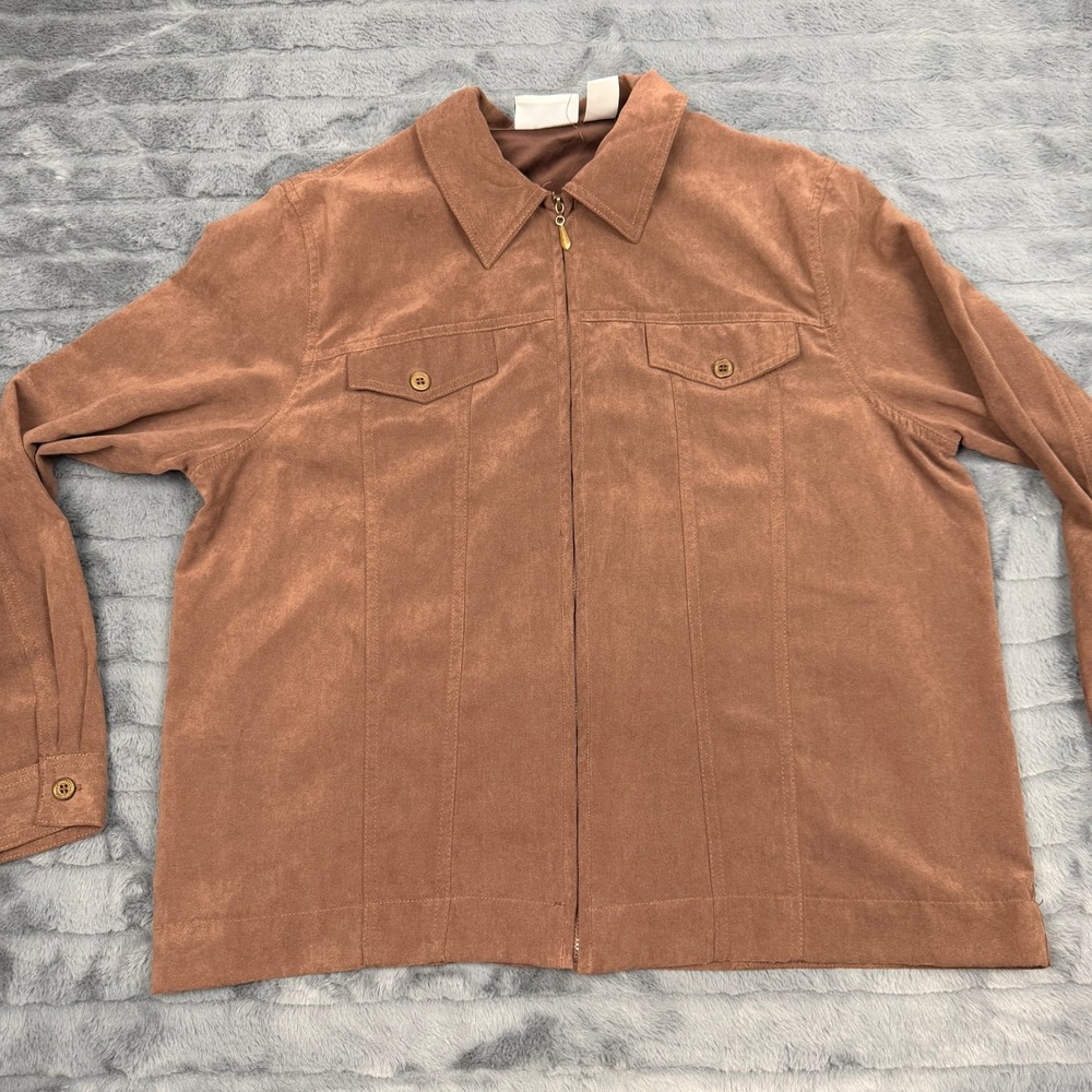 Alfred Dunner Brown Faux Suede Full Zip Jacket Women Size 14 Pockets Classic